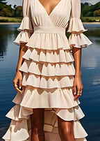 Beautiful Apricot V Neck Ruffled Low High Design Chiffon Dresses Flare Sleeve