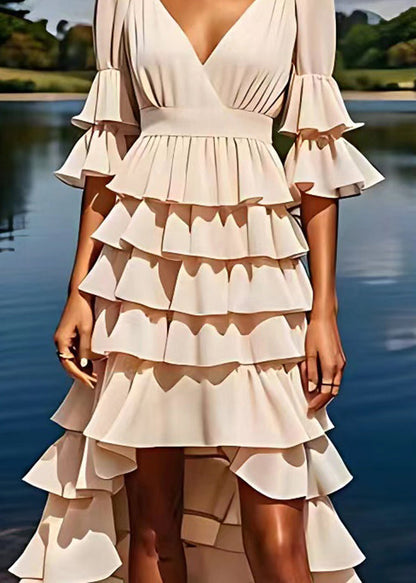 Beautiful Apricot V Neck Ruffled Low High Design Chiffon Dresses Flare Sleeve