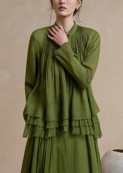 Beautiful Army Green Wrinkled Linen Shirt Top Spring