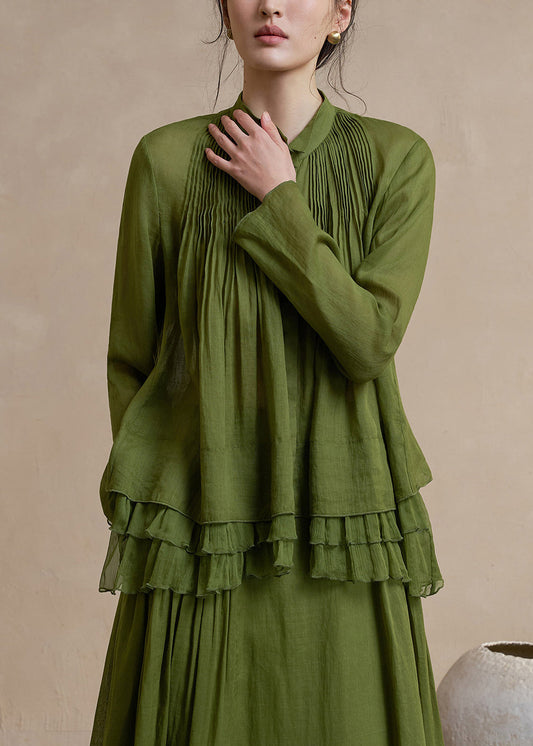 Beautiful Army Green Wrinkled Linen Shirt Top Spring