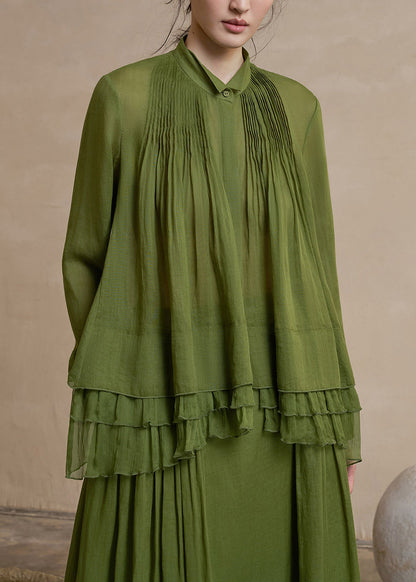 Beautiful Army Green Wrinkled Linen Shirt Top Spring