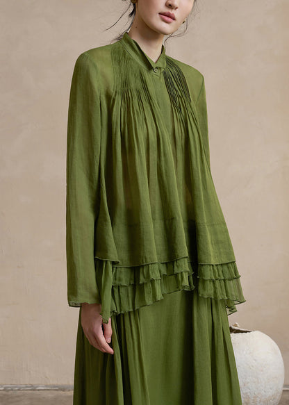 Beautiful Army Green Wrinkled Linen Shirt Top Spring