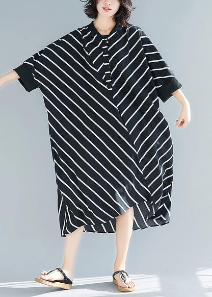Beautiful Asymmetric Spring Black Striped Robes Dresses - SooLinen