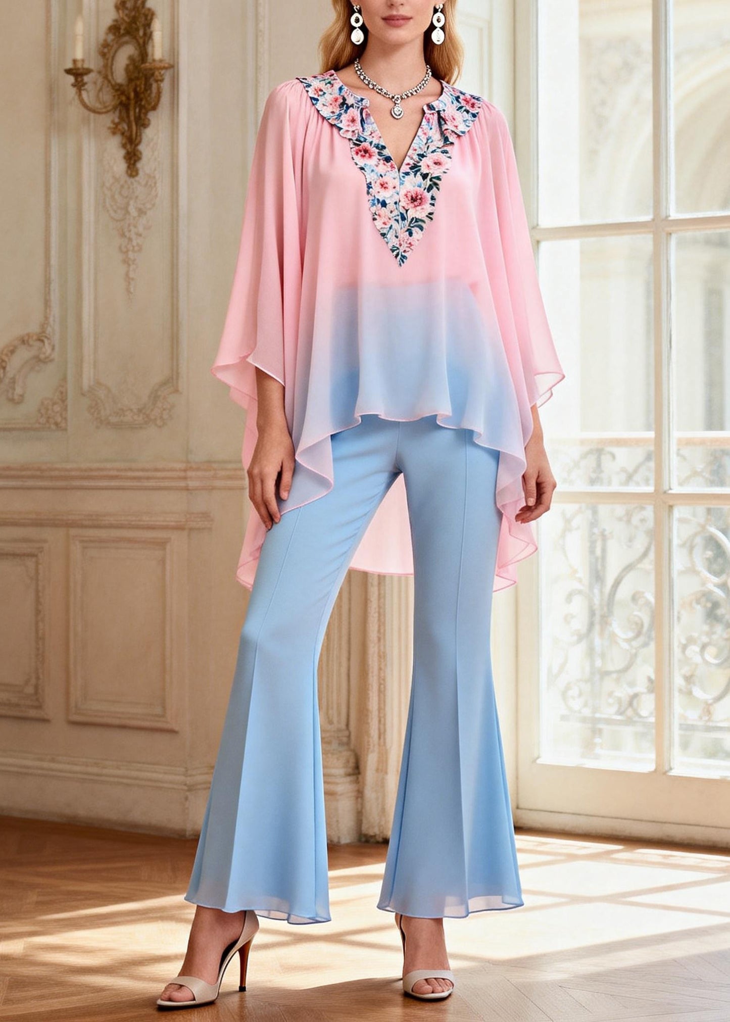 Beautiful Asymmetrical Design Top And Pants Chiffon Two Pieces Set Summer
