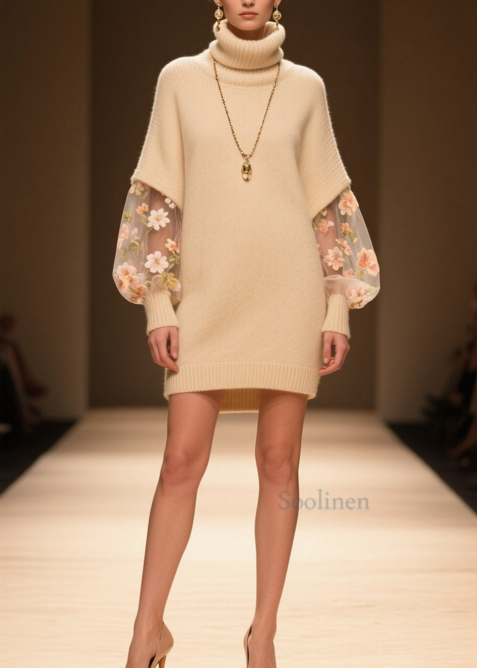 Beautiful Beige Hign Neck Tulle Patchwork Knit Dress Winter