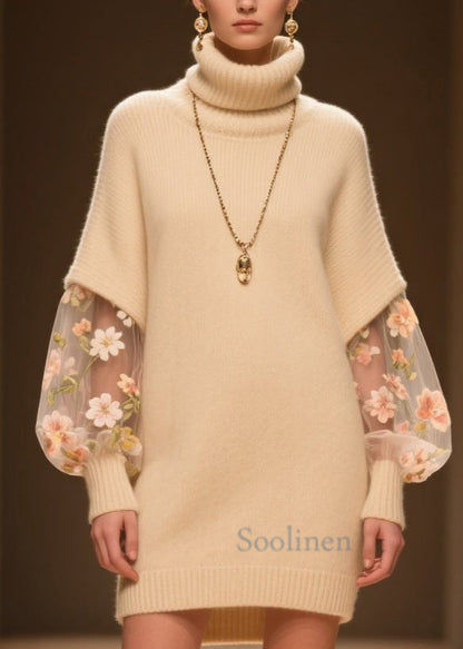 Beautiful Beige Hign Neck Tulle Patchwork Knit Dress Winter