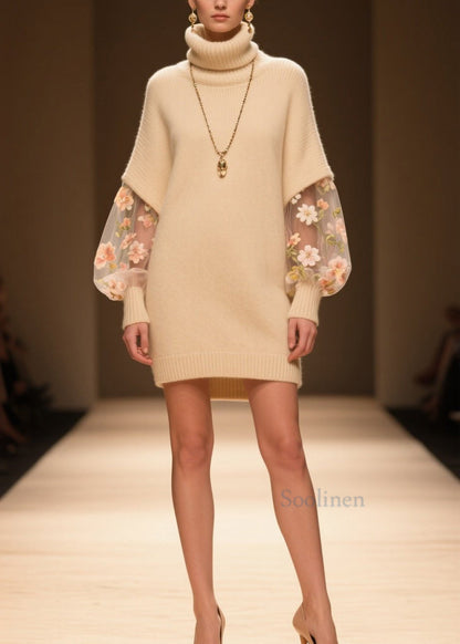 Beautiful Beige Hign Neck Tulle Patchwork Knit Dress Winter