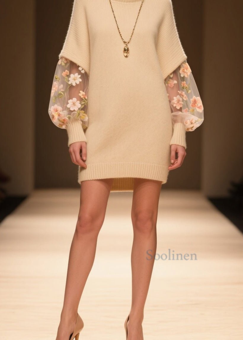 Beautiful Beige Hign Neck Tulle Patchwork Knit Dress Winter