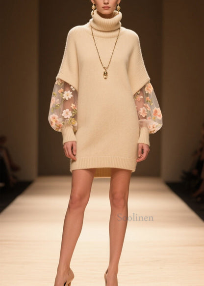 Beautiful Beige Hign Neck Tulle Patchwork Knit Dress Winter