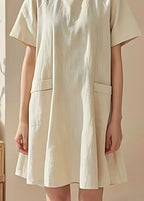 Beautiful Beige O Neck Pockets Cotton Mid Dresses Summer