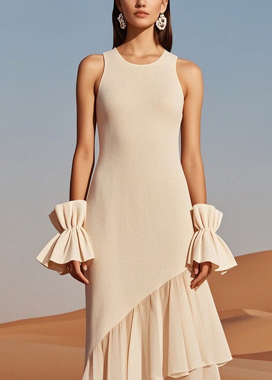 Beautiful Beige O Neck Wrinkled Patchwork Knit Dress Sleeveless