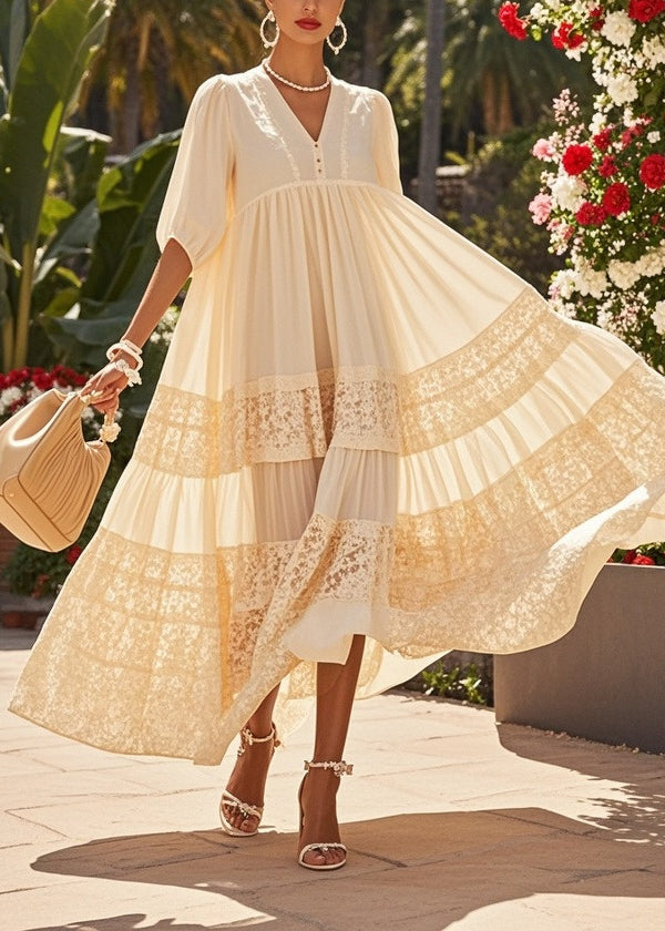 Beautiful Beige Oversized Patchwork Lace Holiday Dresses Summer