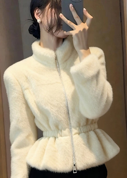 Beautiful Beige Patchwork Elastic Waist Mink Hair Coats Winter