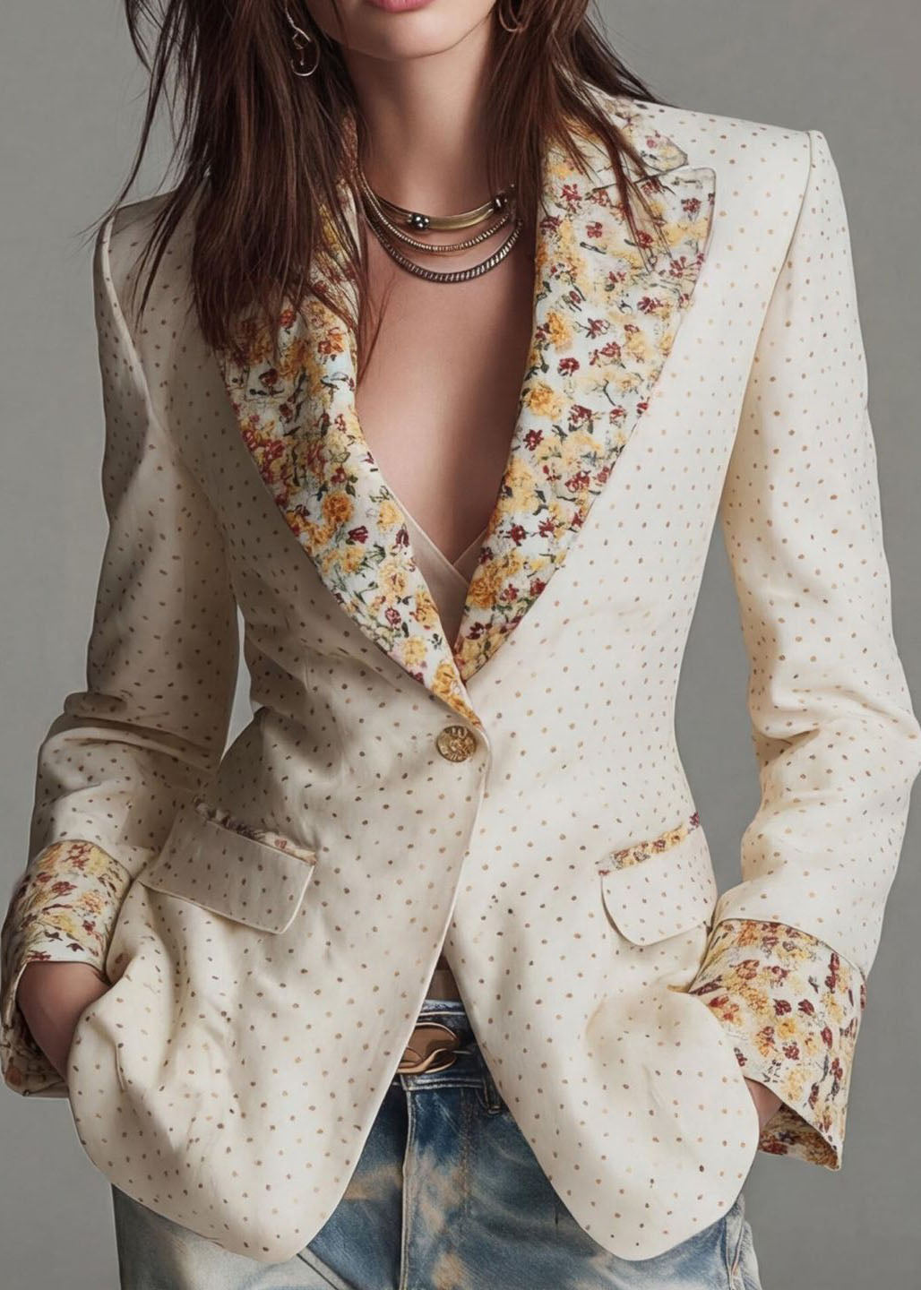 Beautiful Beige Peter Pan Collar Print Cotton Suit Coat Fall