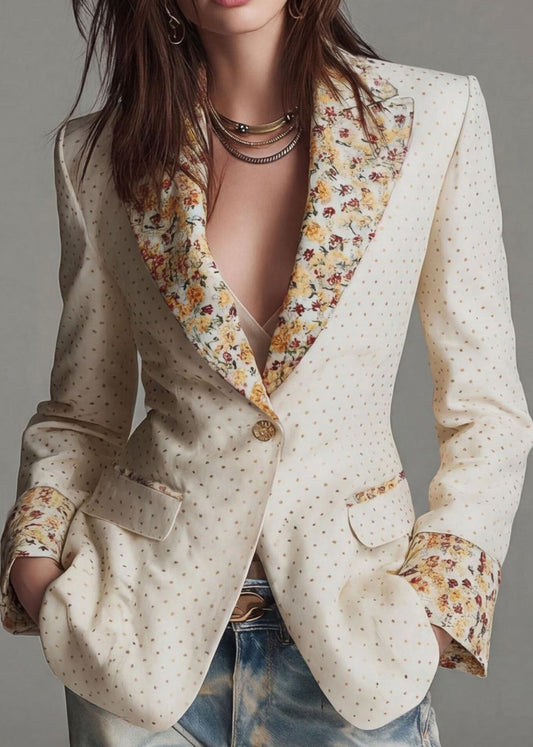 Beautiful Beige Peter Pan Collar Print Cotton Suit Coat Fall