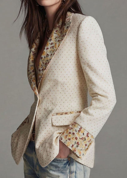 Beautiful Beige Peter Pan Collar Print Cotton Suit Coat Fall