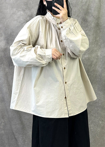 Beautiful Beige Ruffled Button Loose Cotton Top Fall