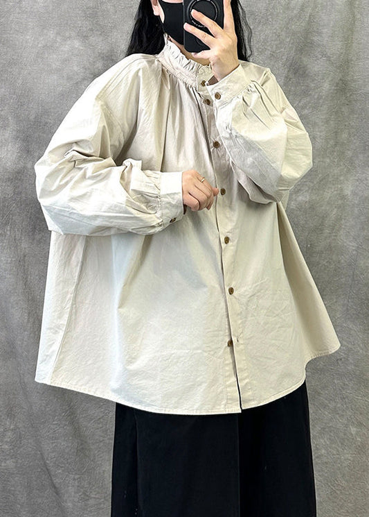 Beautiful Beige Ruffled Button Loose Cotton Top Fall