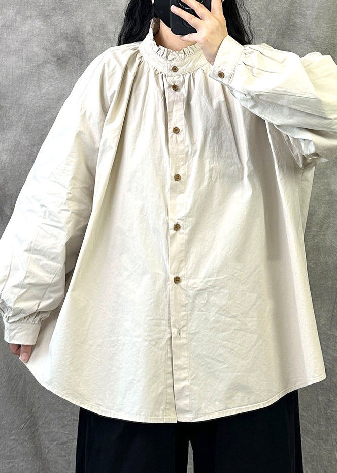 Beautiful Beige Ruffled Button Loose Cotton Top Fall