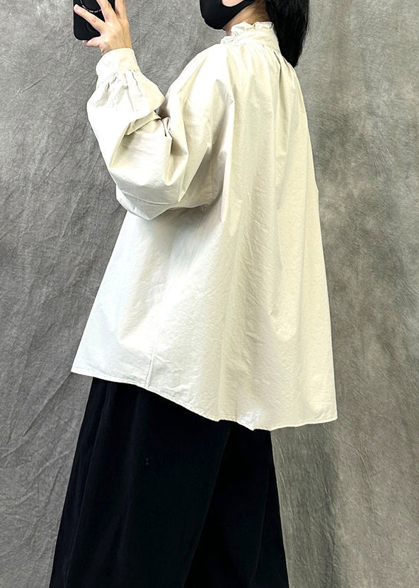 Beautiful Beige Ruffled Button Loose Cotton Top Fall