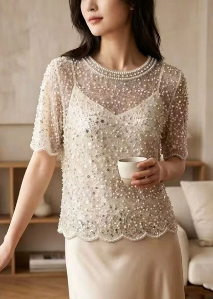 Beautiful Beige Sequins Nail Bead Tulle Top Summer