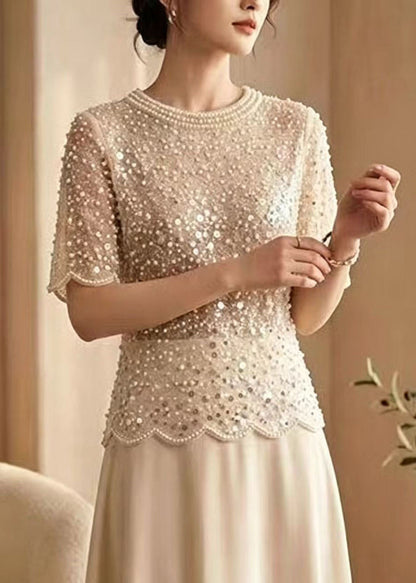 Beautiful Beige Sequins Nail Bead Tulle Top Summer