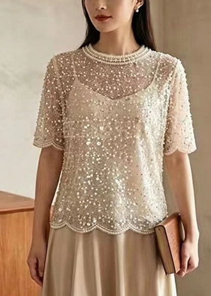 Beautiful Beige Sequins Nail Bead Tulle Top Summer