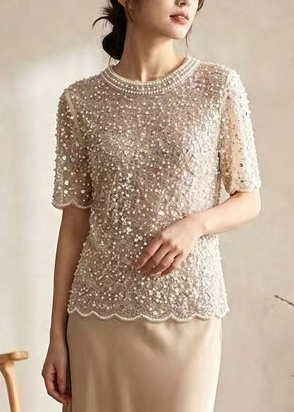 Beautiful Beige Sequins Nail Bead Tulle Top Summer