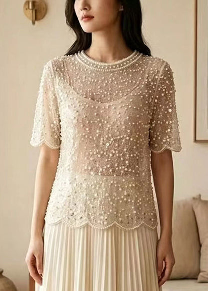 Beautiful Beige Sequins Nail Bead Tulle Top Summer