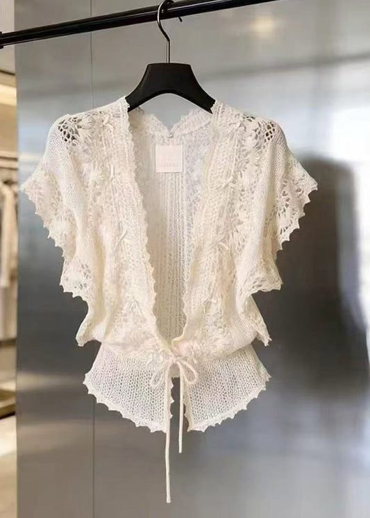 Beautiful Beige V Neck Lace Cardigans Short Sleeve