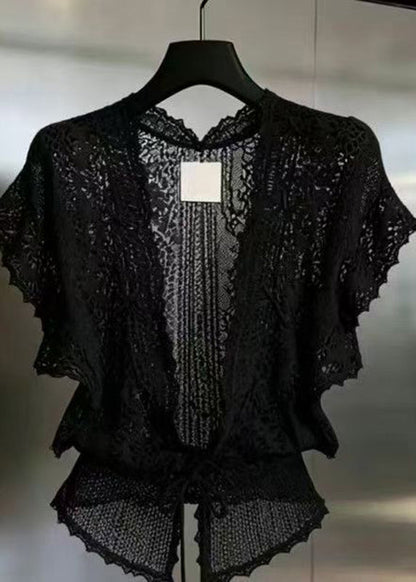 Beautiful Beige V Neck Lace Cardigans Short Sleeve