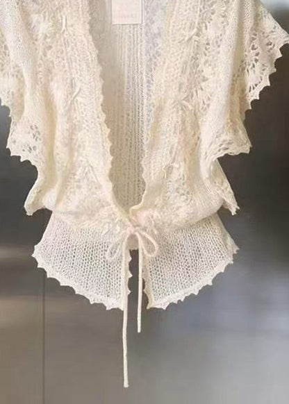Beautiful Beige V Neck Lace Cardigans Short Sleeve