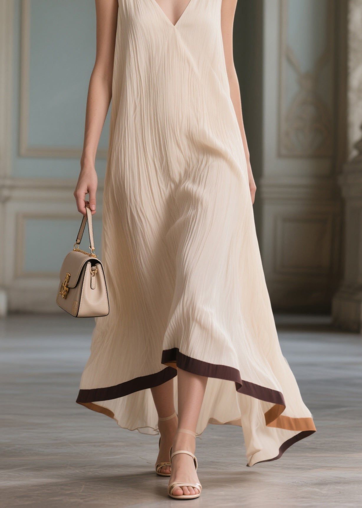 Beautiful Beige V Neck Patchwork Cotton Maxi Dresses Sleeveless