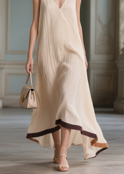 Beautiful Beige V Neck Patchwork Cotton Maxi Dresses Sleeveless