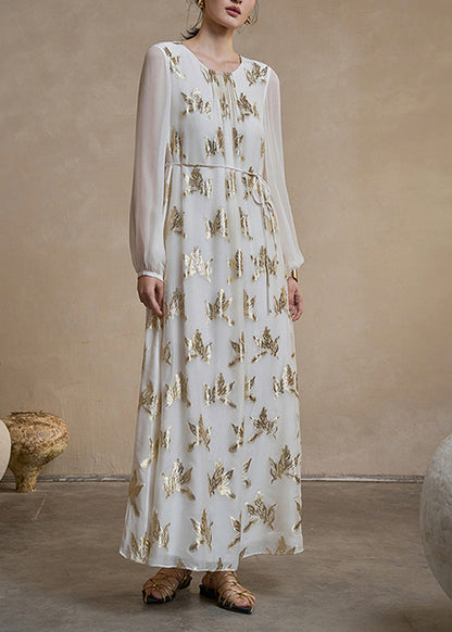 Beautiful Beige White Pleated Gold Lurex Leaf Vacation Dresses Spring