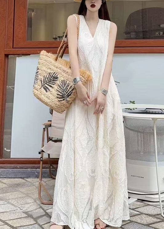 Beautiful Beige White V Neck Jacquard Maxi Dresses Sleeveless