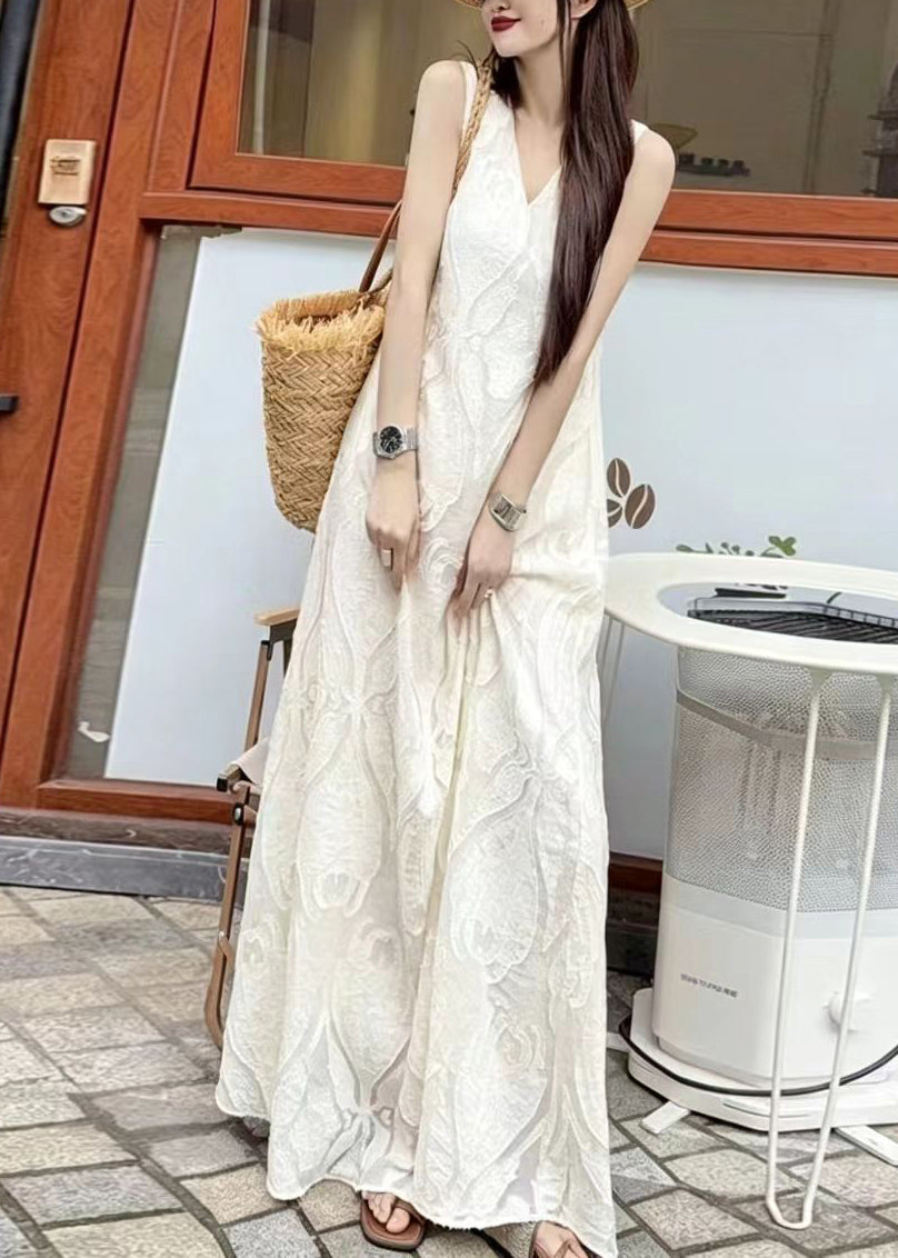 Beautiful Beige White V Neck Jacquard Maxi Dresses Sleeveless