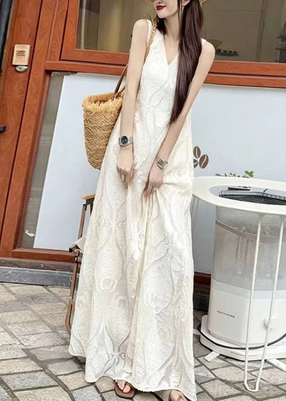 Beautiful Beige White V Neck Jacquard Maxi Dresses Sleeveless
