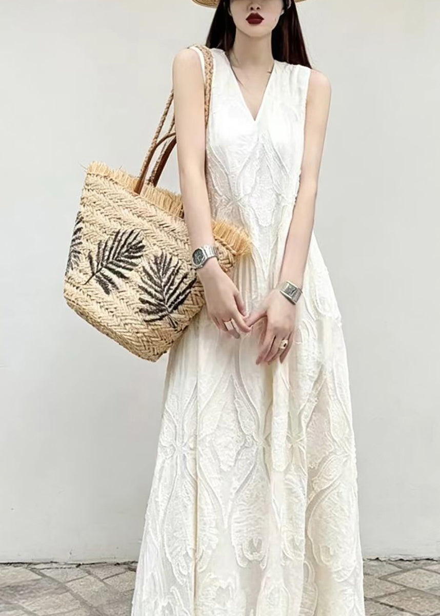 Beautiful Beige White V Neck Jacquard Maxi Dresses Sleeveless