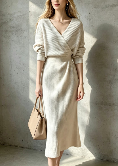 Beautiful Beige White V Neck Knit Vacation Dress Fall