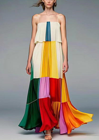 Beautiful Beige Wrinkled Patchwork Silk Spaghetti Strap Dress Sleeveless