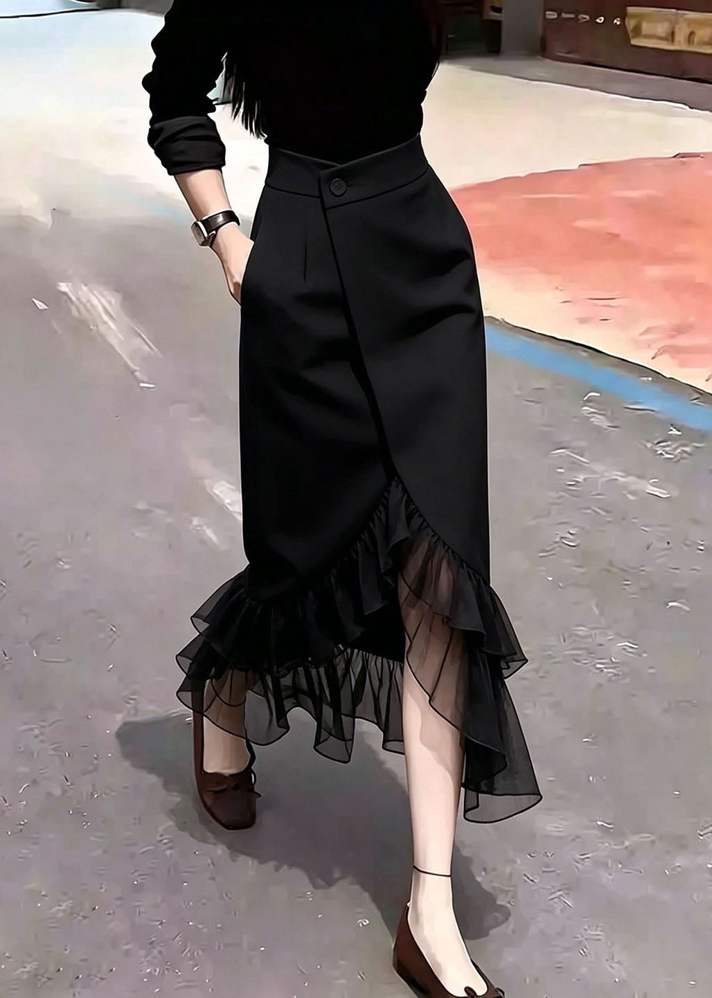 Beautiful Black Asymmetrical Tulle Patchwork Mermaid Skirts Fall