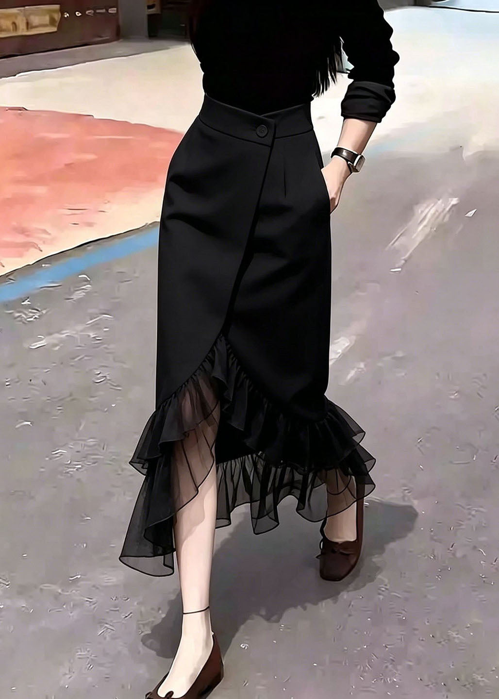 Beautiful Black Asymmetrical Tulle Patchwork Mermaid Skirts Fall