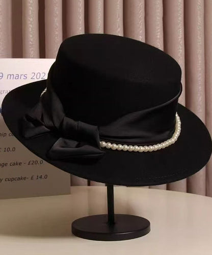 Beautiful Black Bow Patchwork Pearl Cashmere Cloche Hat