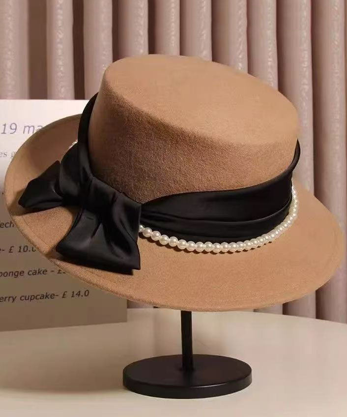 Beautiful Black Bow Patchwork Pearl Cashmere Cloche Hat
