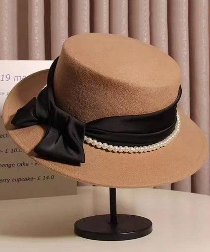 Beautiful Black Bow Patchwork Pearl Cashmere Cloche Hat