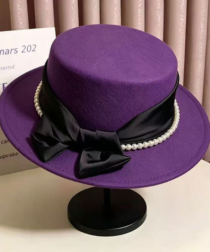 Beautiful Black Bow Patchwork Pearl Cashmere Cloche Hat
