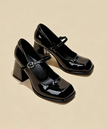 Beautiful Black Buckle Strap Cowhide Leather Mary Jane Chunky High Heels