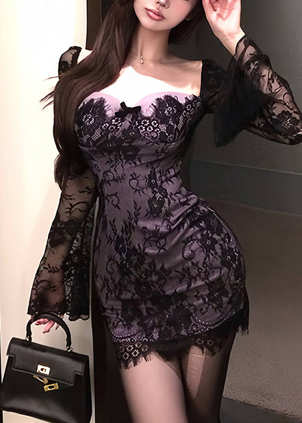 Beautiful Black Bustier Top Sexy Lace Mini Dress Flare Sleeve