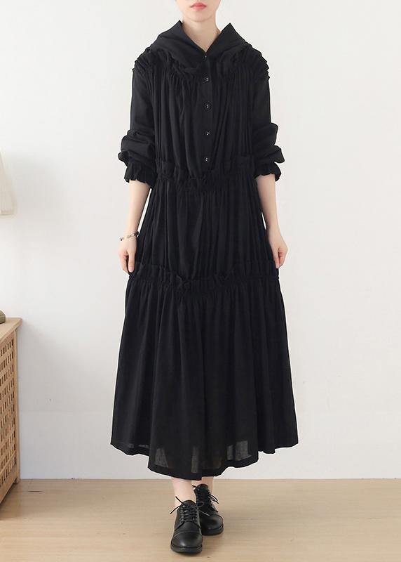 Beautiful Black Cinched hooded Spring Cotton Dress - SooLinen